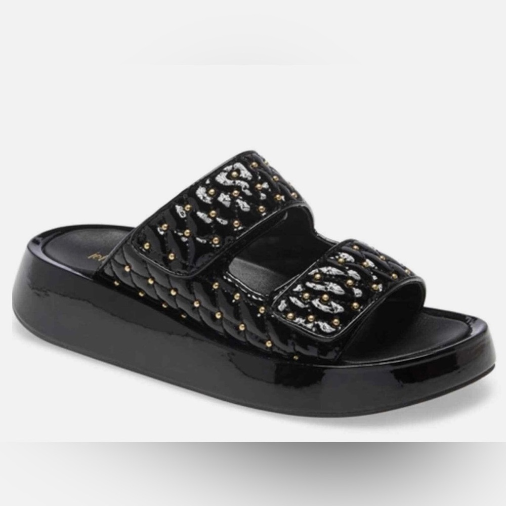 Jeffrey Campbell Scaeva Slide Sandal Black Patent Leather Gold Studs Quilted NEW